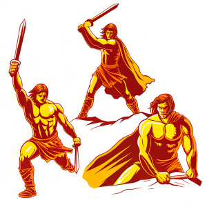 Concept art sketches of Conan, a muscular male character. Various dynamic poses showcasing his action-oriented physique. Heroic and powerful stance.