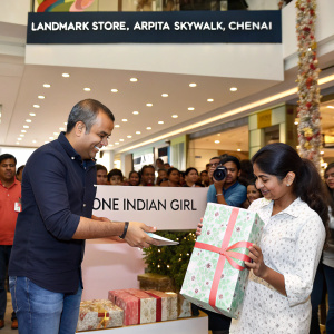 Celebratory book launch event at Landmark Store, Arpita Skywalk, Chennai. Chetan Bhagat gives out gift-wrapped packages of his book 'One Indian Girl'. Festive atmosphere with diverse wrapping styles.