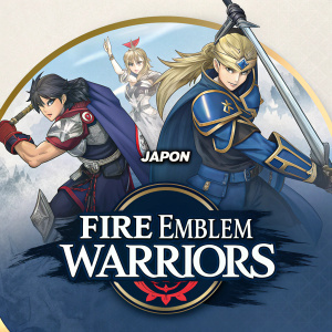 Digital illustration of Fire Emblem Warriors game box art. Main characters in dynamic action poses. Prominent 'JAPON' circle logo. Game title displayed prominently. Video game aesthetic. Designed for Japanese audience.
