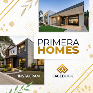 Digital ad for Primera Homes. Bright and bold design with white background, showcasing modern house images. Logo at the bottom right corner, includes social media icons for Instagram and Facebook. Text in English and gold accents.