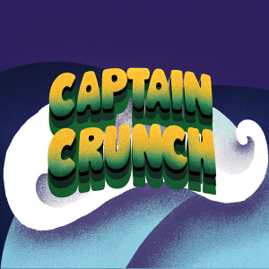Designing a new Captain Crunch logo. Graffiti-style, playful font in yellow and green. Incorporates small wave or foam element. Set against plain white background. Exudes casual, youthful, street art vibe.