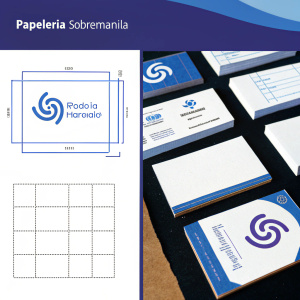 Promotional webpage for Papeleria Sobremanila. Featuring purple header, specifications of products, graphic representation of paper dimensions, close-up images of business cards. Cards are white with purple accents, spiral logo prominently displayed. Modern, professional grid layout showcasing detailed measurements.