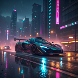 A futuristic Mclaren P1 GTR speeding through neon-lit city streets of Night City, as seen in Cyberpunk 2077.
