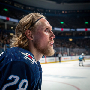 Patrik Laine, hockey player for Winnipeg Jets, intense look. Ice rink lights casting shadows, crowd in background