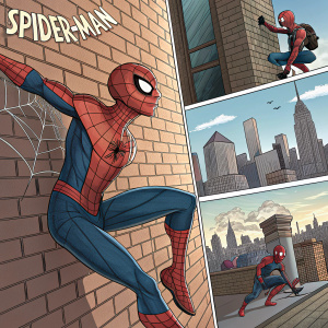 Comic book illustration of Spider-Man. Various dynamic poses. Web-slinging, wall-crawling, and action-packed scenes. Speech bubbles detailing his thoughts and feelings.