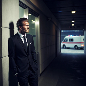 David Beckham in a formal black suit and tie, standing in a dimly lit hallway with an ambulance outside the window.