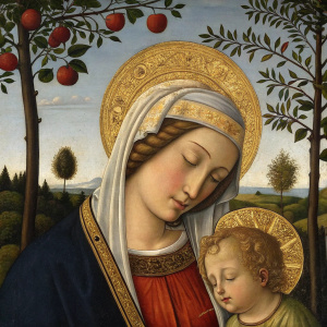 In a Renaissance scene, Virgin Mary and Child Jesus are depicted in a painting. The Virgin wears a detailed headdress and has a serene expression. Child Jesus is cradled gently. Background includes a landscape with trees, apples, and a cucumber. Painted by Carlo Crivelli.