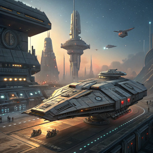 Digital artwork for Battlestar Galactica Deadlock Resurrection video game. Futuristic space station environment. Large angular spaceship with intricate design. Color scheme features metallic grays and warm hues. Artistic style: digital illustration.