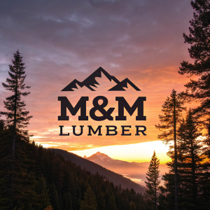 M&M Lumber logo featuring a rugged mountain silhouette in a contemporary font. Set against a sunset sky with pine trees. Simple and bold design emphasizing brand identity.
