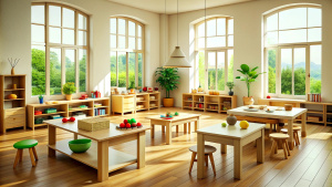  Montessori early education. Kindergarten, preschool classroom interior with wooden furniture, educational material, wooden educational toys