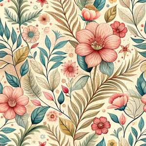 Pattern Seamless, Vector, Vintage Old Soft Colors, Pink Scale, Abstract Flowers and Leaves. white background