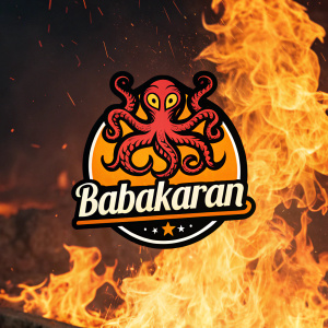Eye-catching logo featuring a dynamic octopus-like creature with outstretched tentacles. Set against a backdrop of fiery orange and yellow flames. The brand name Babakaran is boldly displayed in a playful font, alongside the establishment year.