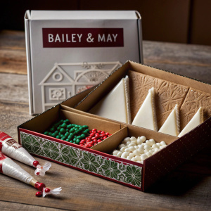 Christmas gingerbread house kit from Bailey & May. Festive packaging, ready to build and decorate your own gingerbread house.