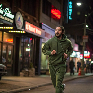 Shia LaBeouf jogging through a bustling city street. Wearing a green hoodie and sweatpants. Dark storefronts and neon signs create a nighttime backdrop.