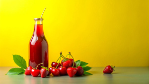 Tropical soft drink bottle concept design. red color scheme theme design, some cut cherries and strawberries next to the bottle, lighting, cinematic, solid, realistic