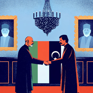 Hamid Karzai and Yousuf Raza Gilani in a diplomatic handshake at a conference. Richly decorated room with a large chandelier and portraits of historical figures. Flags of Afghanistan and Pakistan prominently displayed. Formal attire, traditional and modern styles