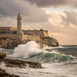 A majestic view of Fort El Morro in Havana, Cuba. The lighthouse-like tower stands proudly on a rocky outcrop, overlooking the turbulent sea. Powerful waves crash against the jagged coastline. Above, a cloudy sky paints the scene with a muted color palette.