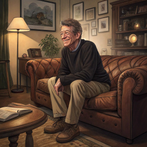 John Hurt, with a friendly smile, wears a casual black sweater and khakis. Sitting on a vintage leather sofa in a cozy living room