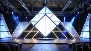 The stage has an angular shape that resembles an isosceles triangle. The sides of the stage are straight lines that form an acute angle at the vertex. It also has a height that extends from the vertex to the base. The screens: The screens that surround the stage have rectangular and square shapes. Rectangular screens have two pairs of parallel and congruent sides and four right angles. Square screens have four equal, perpendicular sides and four right angles. The screens also have a symmetry wit