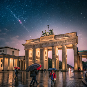 A stunning night shot of the Brandenburg Gate in Berlin, Germany. Columns and a grand entrance are illuminated by soft lights. People are seen walking around with umbrellas, enjoying the vibrant atmosphere.