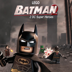 Promotional poster for LEGO Batman 2 DC Super Heroes. LEGO-style Batman leading a dynamic group of DC heroes against a colorful backdrop of Gotham City. Vibrant colors and action-oriented theme highlight the game title and LEGO brand logo.