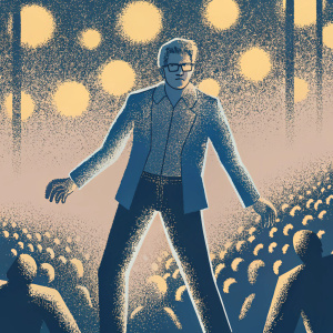 Jeff Goldblum, looking intense, with medium skin tone, short hair, stylish glasses, dressed in a blue blazer and dark jeans. Background is a crowded science fiction convention with flashing neon signs.