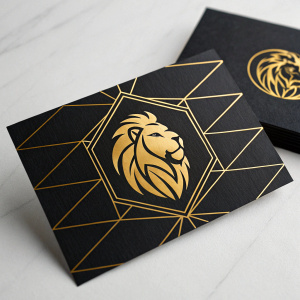 Golden lion logo on sleek black business card. Elegant geometric design. Corporate event backdrop