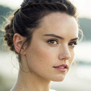 Close-up of Daisy Ridley's face. Updo hairstyle, minimal makeup. The background is blurred