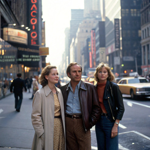 Ben Gazzara, Elke Stuckmann, and Elizabeth Gazzara at the bustling New York City street. Bright daylight, casual attire, diverse poses.