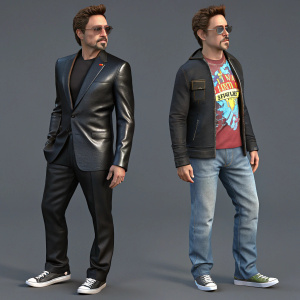 Robert Downey Jr., showcased in a dynamic 3D render, featuring two distinct outfits. Each outfit highlights a variety of textures and colors.
