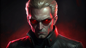 Imagine a captivating and intense portrait of Albert Wesker, the iconic antagonist from the Resident Evil series. Depict him in his signature black attire, exuding confidence and a calculated demeanor. Emphasize his piercing eyes with a touch of glowing red, symbolizing his enhanced abilities. Surround him with subtle references to the viruses and experiments that have shaped his character, hinting at the dark path he has chosen. 