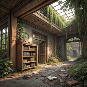 A digital 3D rendering of an indoor scene from 'The Last of Us Part II' by Naughty Dog. The setting features a wooden structure with a partially destroyed bookshelf, scattered debris, lush greenery, and a doorway leading to a dark hallway.