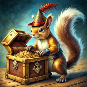 pirate squirrel with a treasure box