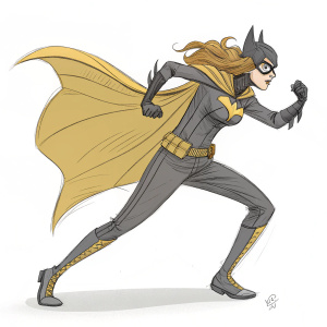 Digital sketch of Barbara Gordon, a.k.a. Batgirl, with dynamic stance. Gray and yellow suit, loose line art