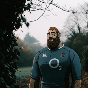 Digital illustration of rugby player Joe Marler. Bearded, muscular build, wearing blue jersey with white emblem and number. Realistic style with cartoon elements, dark background.
