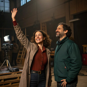 Rossana Nájera waving joyfully, Mauricio Barcelata looking attentively. Both are on set of 'La Loba'. Dimly lit studio with scattered props and crew in background.