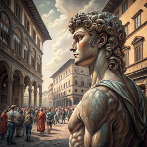 Michelangelo's 'David' statue, positioned in front of the Uffizi Gallery, showcasing the intricate details of the sculpture's form and texture, amidst a bustling street scene in Florence, Italy.