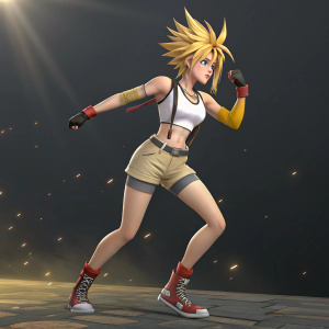 3D rendering of Selphie Tilmitt from Final Fantasy VIII. Lithe female anime character in dynamic pose. Dark backdrop with glowing highlights.