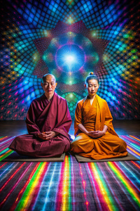 homem e mulher vestidos de monge roupa tibetano alaranjado escuro e monja na postura de lótus, no tapete meditando com pontos quantico interagindo entre eles, lembrando a física quântica. inter-relação sala antiga de meditação, com o fundo

