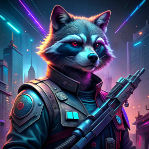 Racoon in cyberpunk, guns, weapon