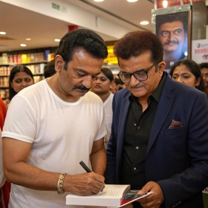 Abhijeet Bhattacharya and Rajesh Khattar at a book launch event. Abhijeet in a white t-shirt, Rajesh in a dark suit. Book signing with fans in the background.