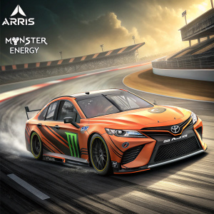 Orange Toyota Camry NASCAR race car on a glossy tarmac surface. 'ARRIS' and Monster Energy logos prominently displayed. Sleek design with aerodynamic features, distinctive front grille and headlights.