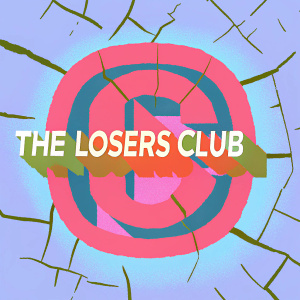 Central logo for 'The Losers Club'. Large, cracked red emblem with fragmented design. Aggressive font used for text. Colors are black, red, and white. Rough, cracked background texture.