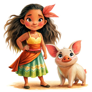 Moana and pua, cartoon, high quality, transparent background 