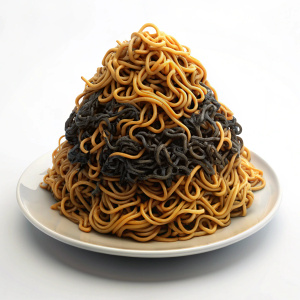 ramen, burnt noodles on a flat white plate, spoiled, burnt, black noodles, a large pile of spoiled noodles on a plate, burnt dish, isometry view