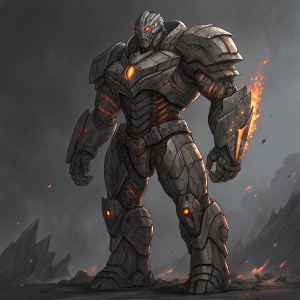 Digital concept art of War Machine, a colossal, menacing creature with a rocky texture and fiery elements. The sketch includes detailed drawings of its muscular structure, armor, and weaponry. Set against a dark gray backdrop.