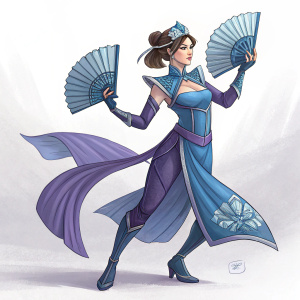 Digital illustration of Princess Kitana from Mortal Kombat. Wearing blue and purple outfit. Standing on white background with fans in hands.