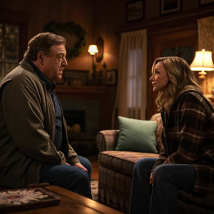 John Goodman and Sarah Chalke in a dramatic scene from 'Roseanne'. Dark, cozy living room with warm lighting.