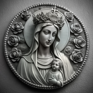 Virgen María sin manto en la cabeza el pelo en una trenza de lado con la cara casi de perfíl con corona y un aro de rosas y su bebé 