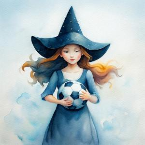 lovely hippie floral dress preteen witch pointy hat lovingly cradles soccer ball to her chest with both arms